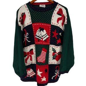 Vintage 90s Sycamore Holiday Christmas Patchwork Knit Sweater, Size M/L, USA